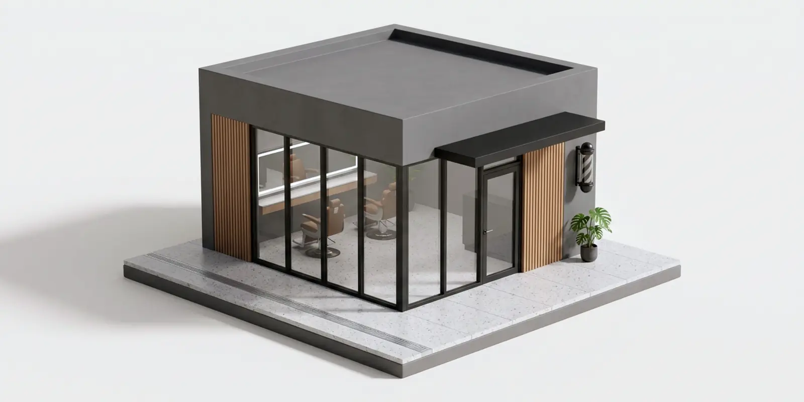 Maqueta a escala del local de una barbería: la vitrina a la calle y las sillas de corte adentro.