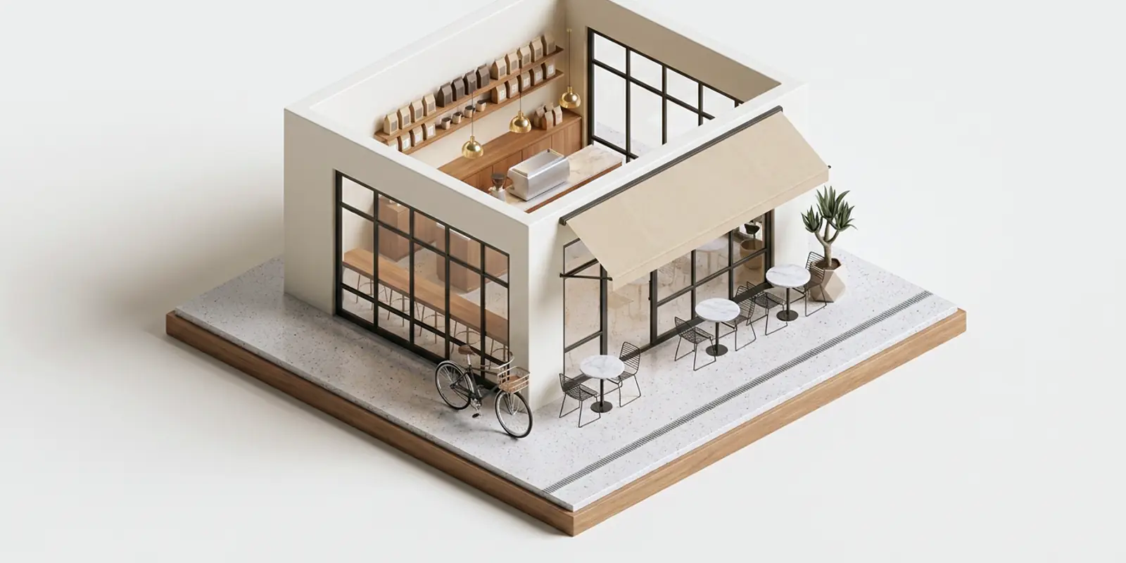 Maqueta a escala del local de una cafetería: la barra con la máquina y las mesas en el andén.
